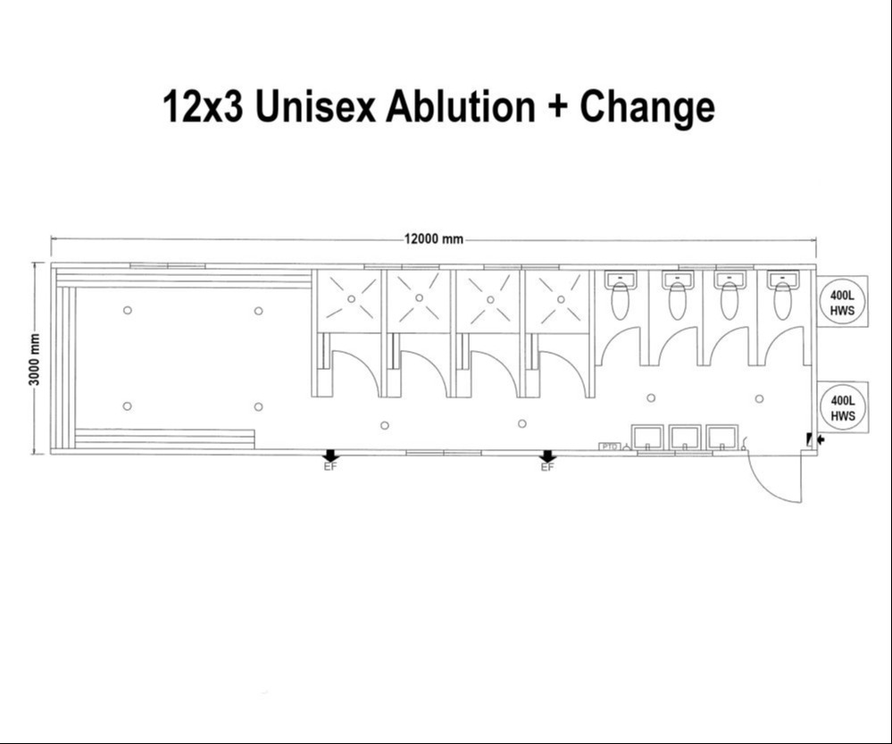 12x3 m/f ablution and changeroom and accessible toilet
